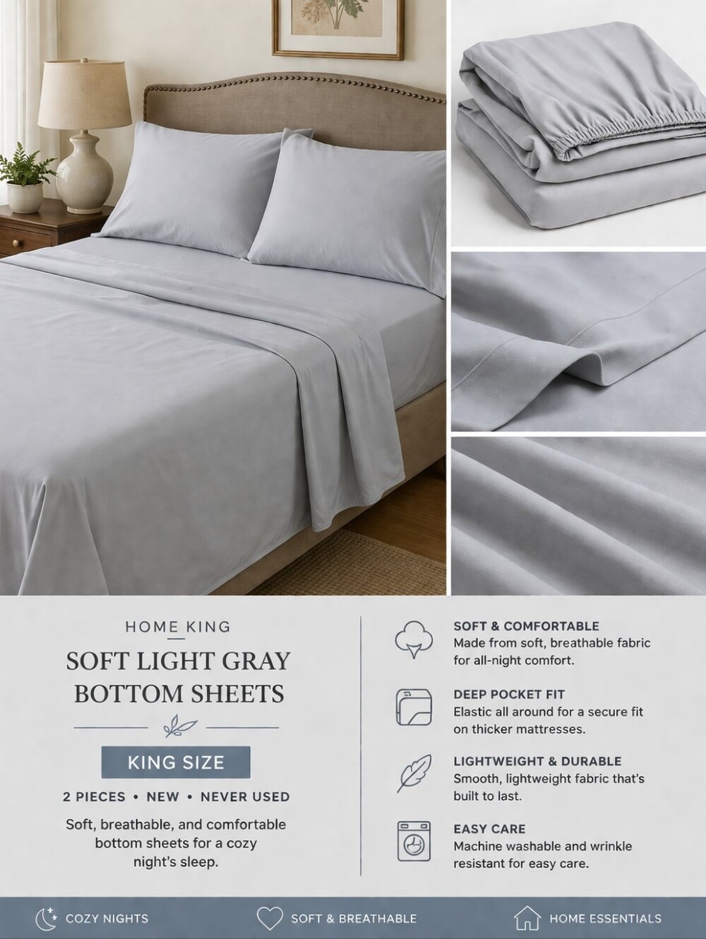 Soft Light Gray Home King Bedding Bottom Sheets New x 2 Never Used